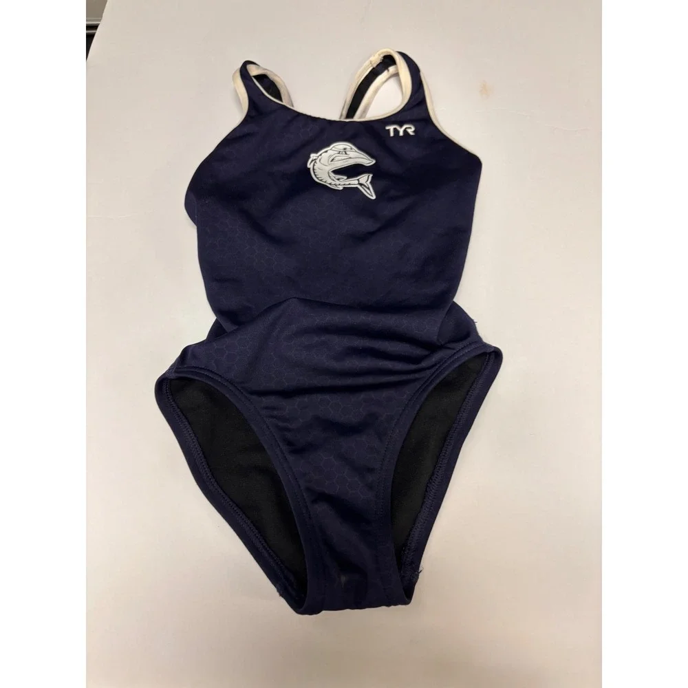 TYR Girls Navy Blue Honeycomb One Piece Competitive Swimsuit Size 22 CL001UF